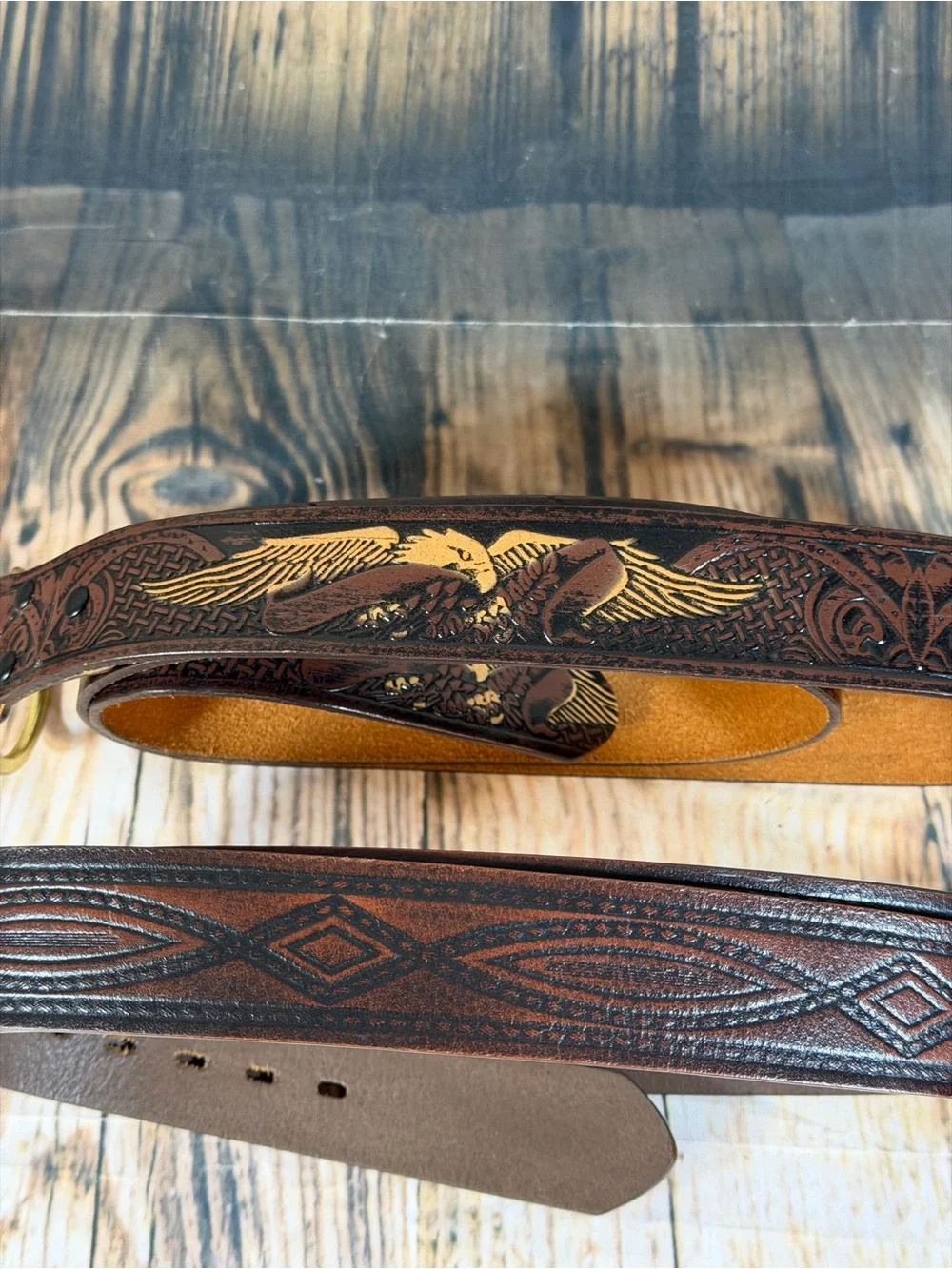 Wrangler Mens Leather Belt Lot of 2 Tooled Eagle Celtic Sz 44 Brass Buckle Brown